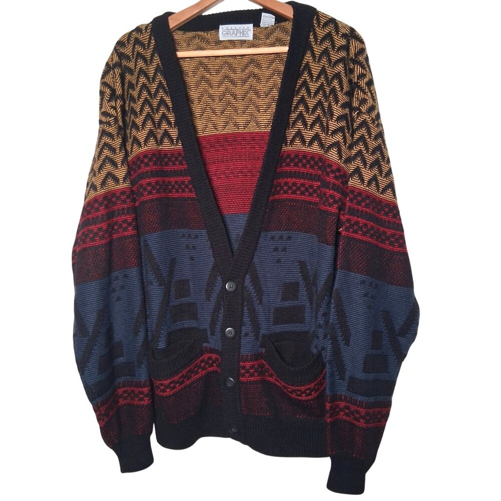 Vintage 1990s Sweater Graphix Cardigan Sweater Men L V Neck Geometric Grandpa